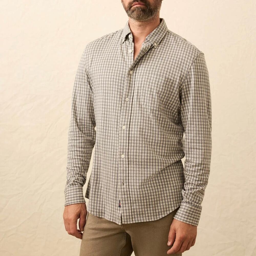 Faherty Coastline Knit Long Sleeve Fox Grey Gingham Check Button Down Shirt S